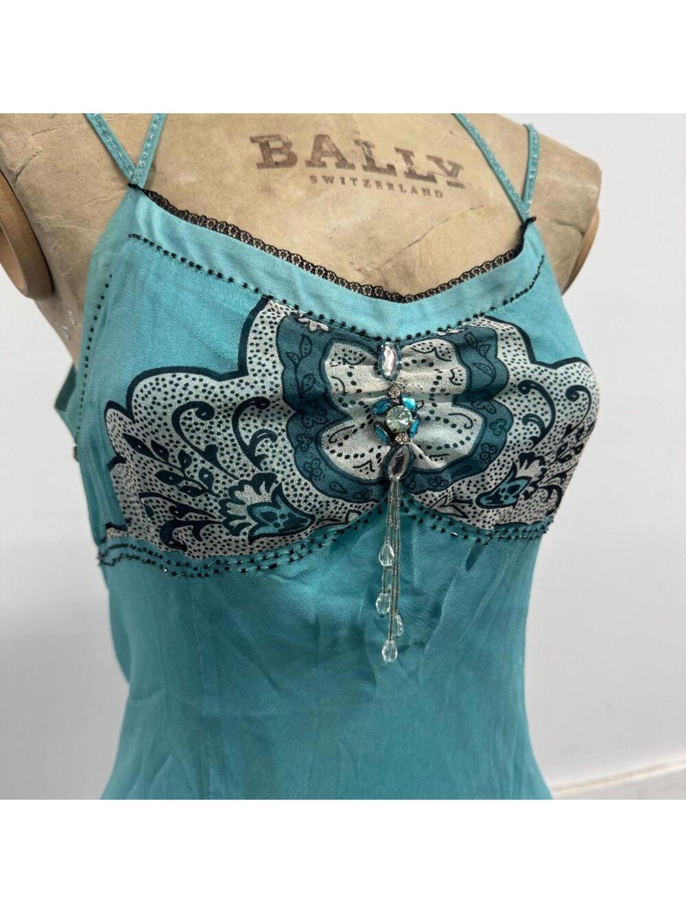 Vintage Y2K Blue Cocoon Beaded Mulberry Silk Handkerchief Fairy Dress - Picture 3 of 8